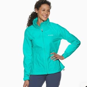 Teal Columbia Switchback Hooded Jacket, Raincoat with Hidden Hood in Collar